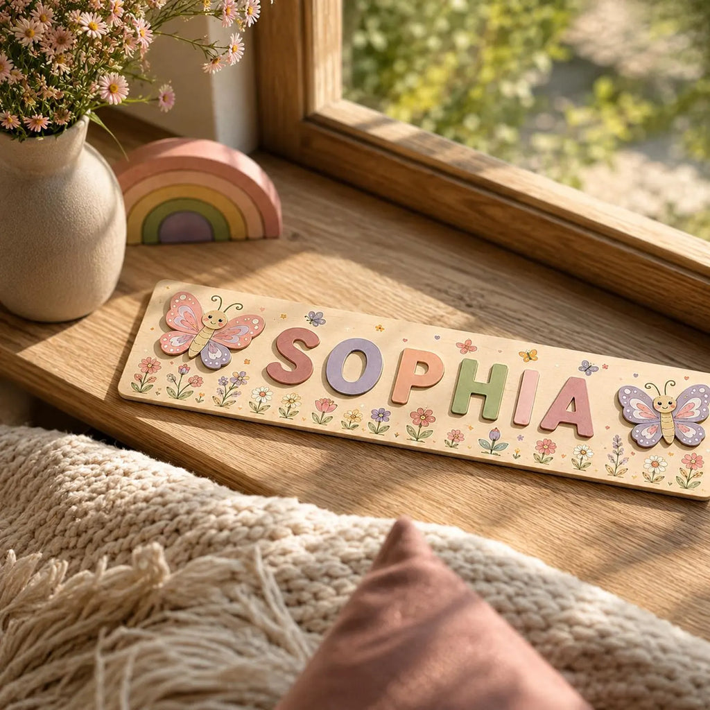 Personalized Butterfly Name Puzzle, Custom Floral Busy Board, Montessori Learning Toy, Wooden Toddler Gift, Nursery Decor. NPPETAL11