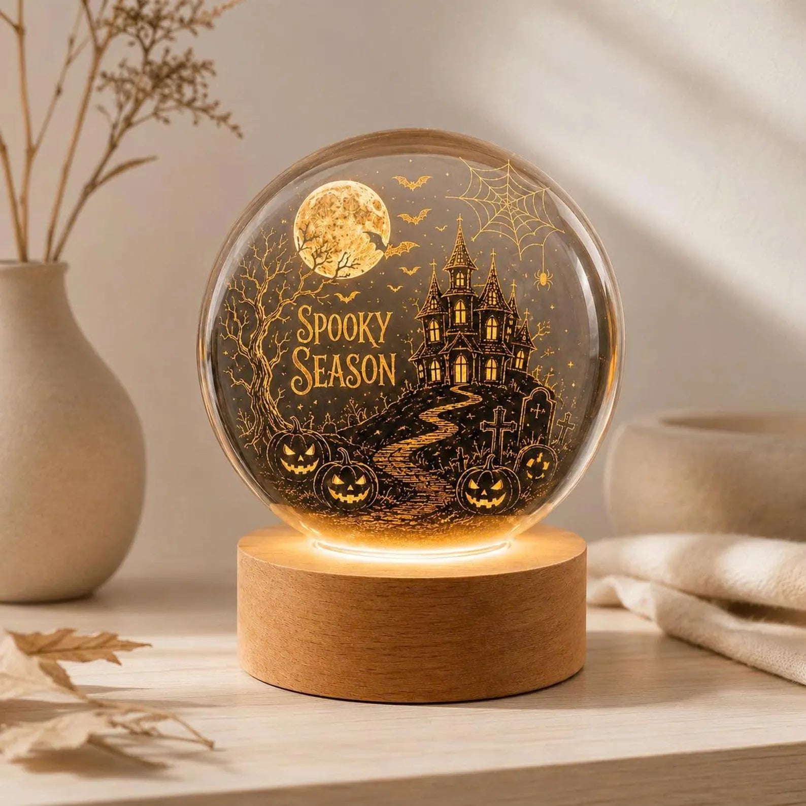 Personalized Halloween Crystal Ball Light, Spooky Season LED Lamp, Custom Name Wood Base. LEDPETAL4