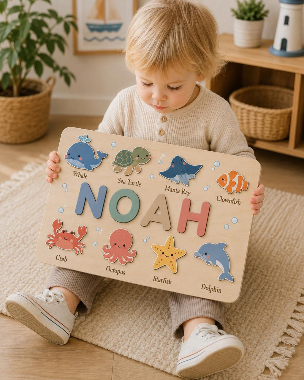 Personalized Ocean Animal Name Puzzle | Custom Sea Creature Wooden Puzzle | Montessori Toddler Learning Toy | Nursery Decor Gift. NPPETAL17