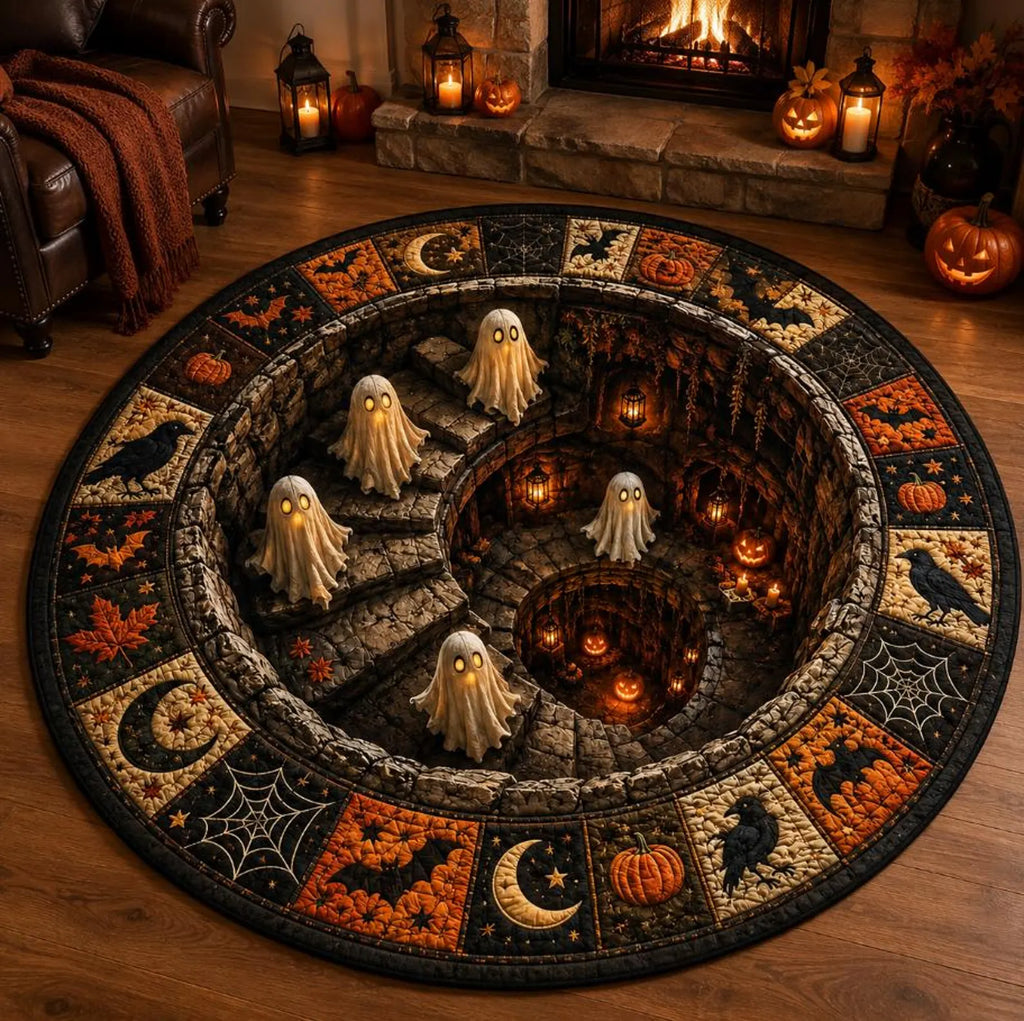 Halloween 3D Illusion Rug, Ghost Staircase Round Rug, Spooky Optical Illusion Carpet, Halloween Floor Mat, Gothic Party Decor. QRPETAL31