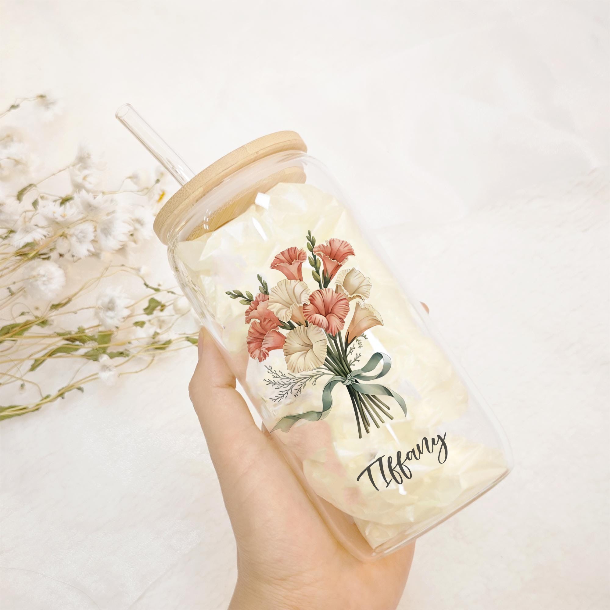 Personalized Birth Flower Glass Cup with Bamboo Lid and Straw, Custom Name Iced Coffee Tumbler, Birthday Month Floral Gift for Her