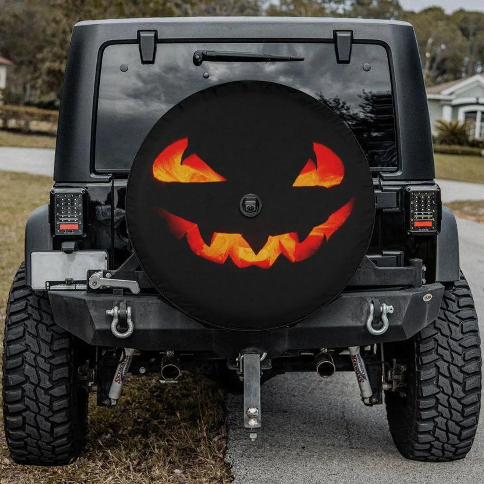 Halloween Pumpkin Face Spare Tire Cover, Jack O Lantern Tire Cover, Spooky PVC Leather Jeep Tire Cover, Halloween Car Accessories Gift. TCPETAL12