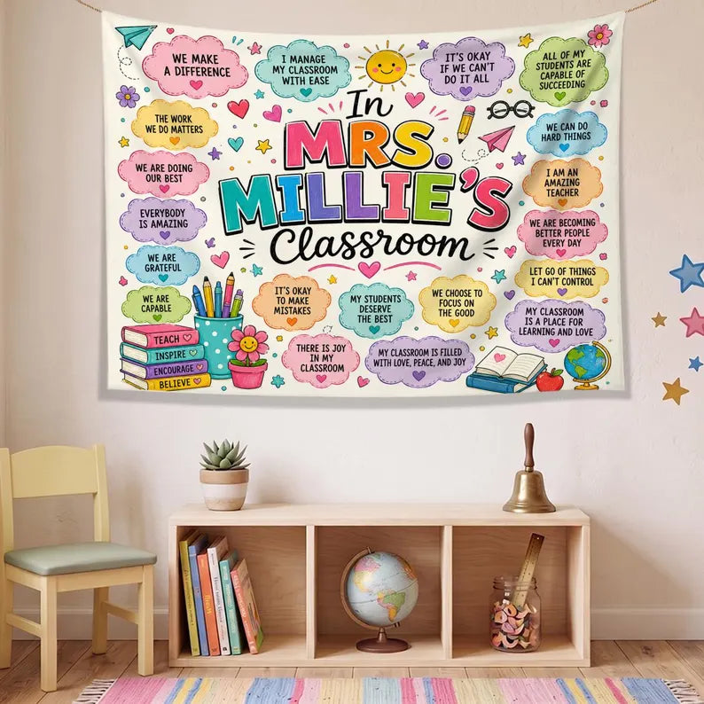 Personalized Teacher Classroom Tapestry,personalized teacher banner. Custom Affirmation Banner, Name Wall Hanging. Classroom Banner Custom Name. CBPETAL12