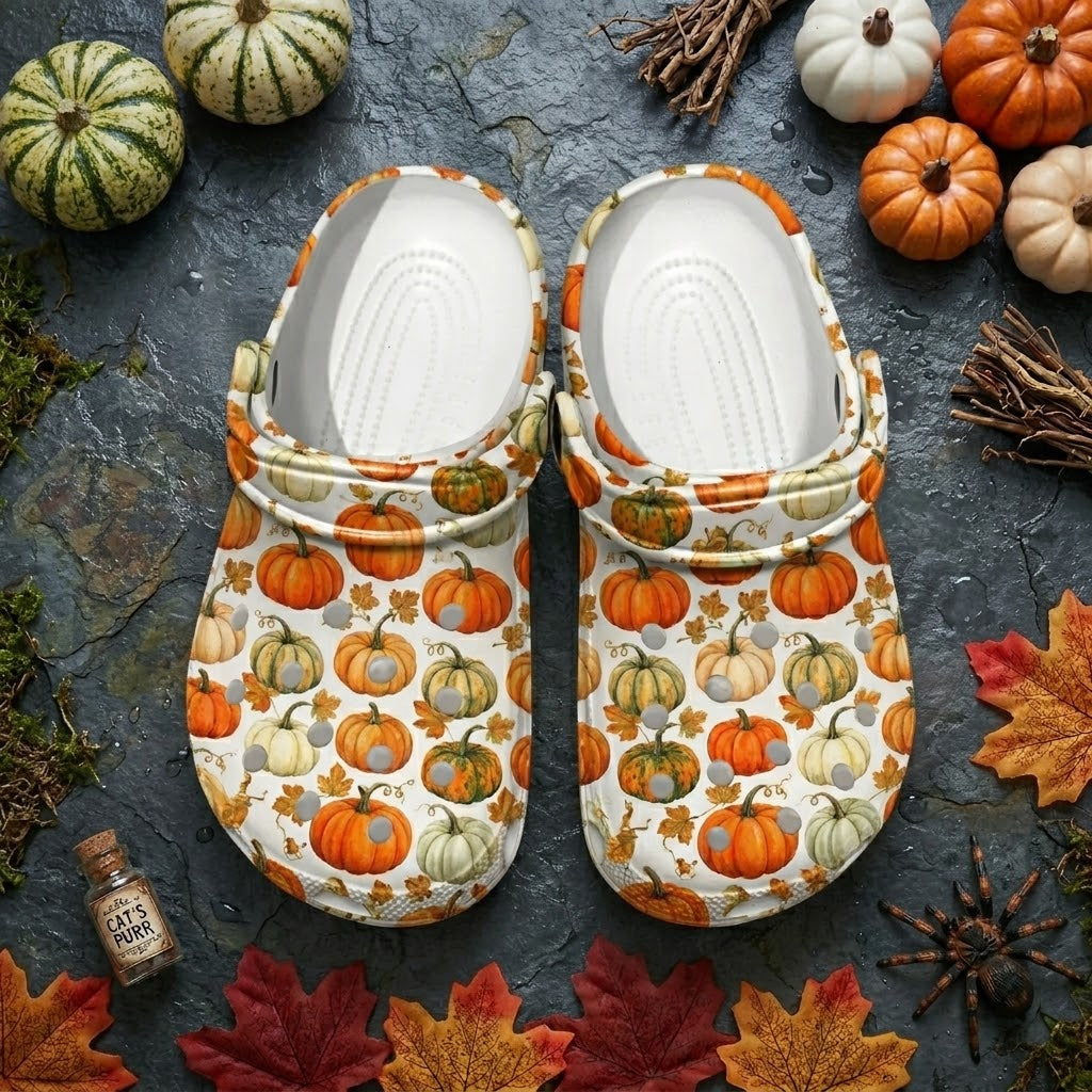 Halloween Pumpkin Clogs – Cute Fall Harvest Slip-On Shoes with Autumn Pumpkin Print, Spooky Season Comfort Clogs for Women, Men & Kids. CLPETAL13