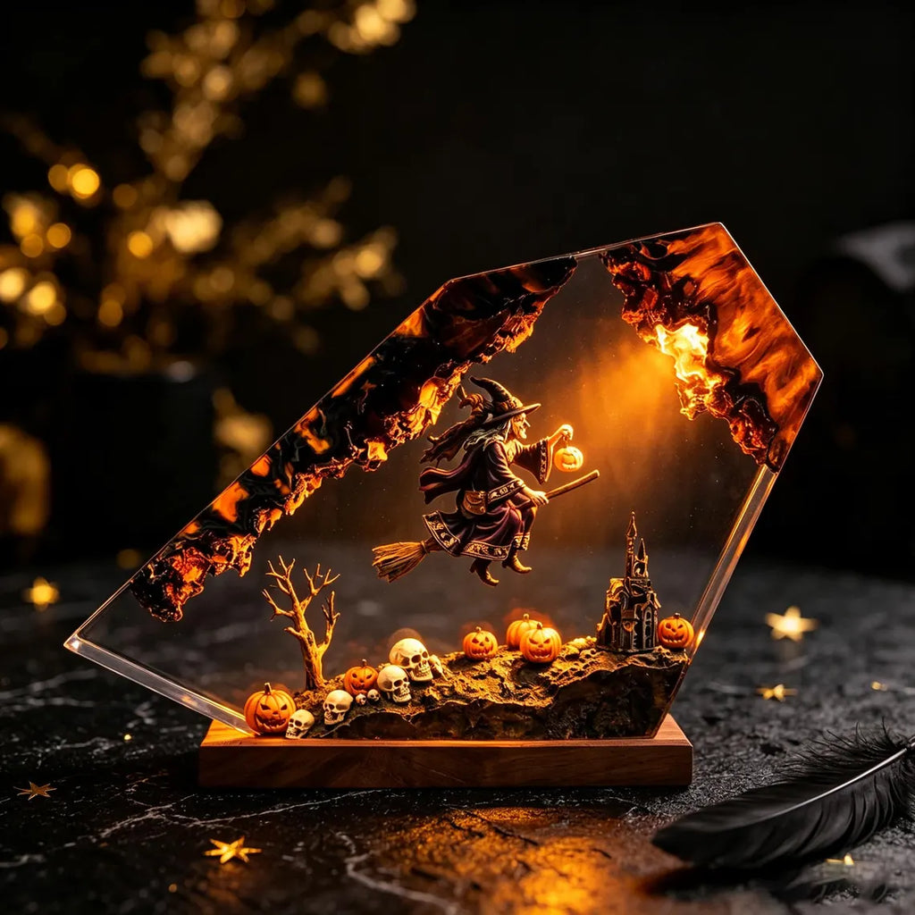 Halloween Witch Resin Night Light, Handmade Flying Witch Pumpkin Skull Haunted Castle Table Lamp, Spooky Home Decor, Unique Halloween Gift. RLPETAL02