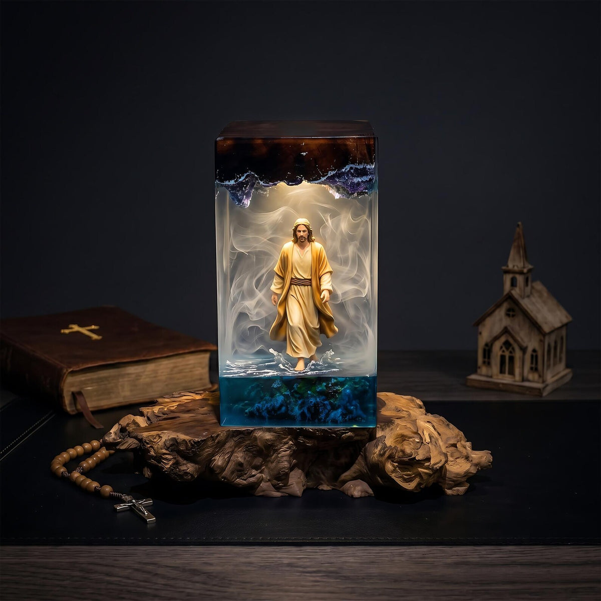 Jesus on the Sea Resin Art Lamp, Walking on Water Night Light, Christian Home Decor, Faith Inspired Gift Idea. RLPETAL19