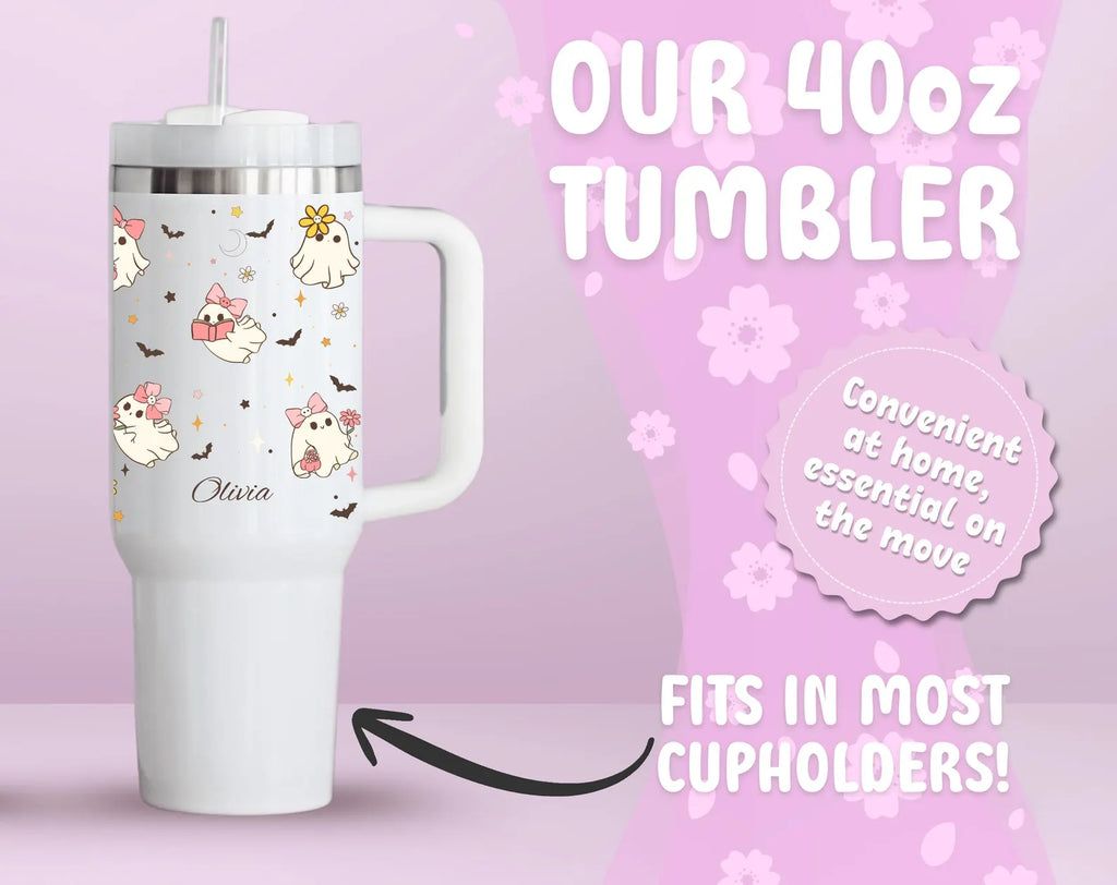 Custom Halloween 40oz Tumbler Personalized Name Cup Cute Spooky Season Keepsake Kawaii Ghost Mug Retro Halloween Tumbler Large Travel Mug. TBLPETAL5