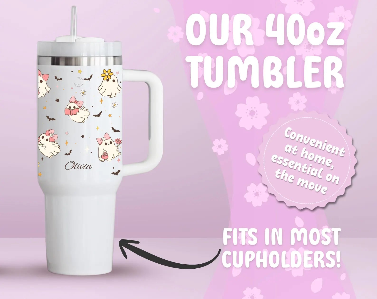 Custom Halloween 40oz Tumbler Personalized Name Cup Cute Spooky Season Keepsake Kawaii Ghost Mug Retro Halloween Tumbler Large Travel Mug. TBLPETAL5