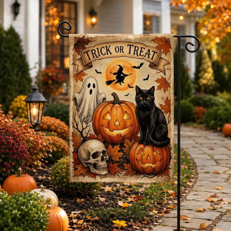 Happy Halloween Garden Flag, Trick Or Treat Halloween Garden Flag, Black Cat Garden Flag, Spooky Season, Halloween Decor. HLWGFPETAL14