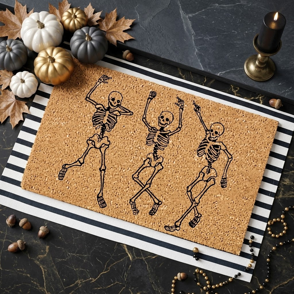 Dancing Skeleton Doormat | Halloween Decor | Fall Home Decor | Welcome Door Mat | Cute Fall Doormat | Fall Housewarming Gift| Skeleton Skull. DMPETAL12