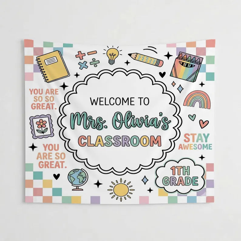 Personalized Teacher Classroom Banner: Welcome Classroom Sign, Back To School Decor,personalized teacher banner. Classroom Banner Custom Name. CBPETAL13
