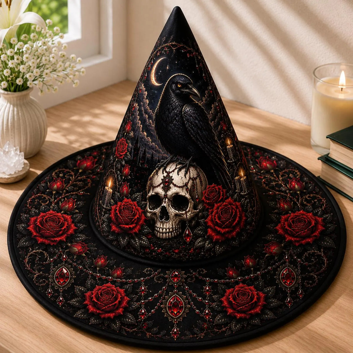 Halloween Quilted Witch Hat Gothic Raven Black Raven Skul Dark Rose Cosplay Hat. QWHPETAL23