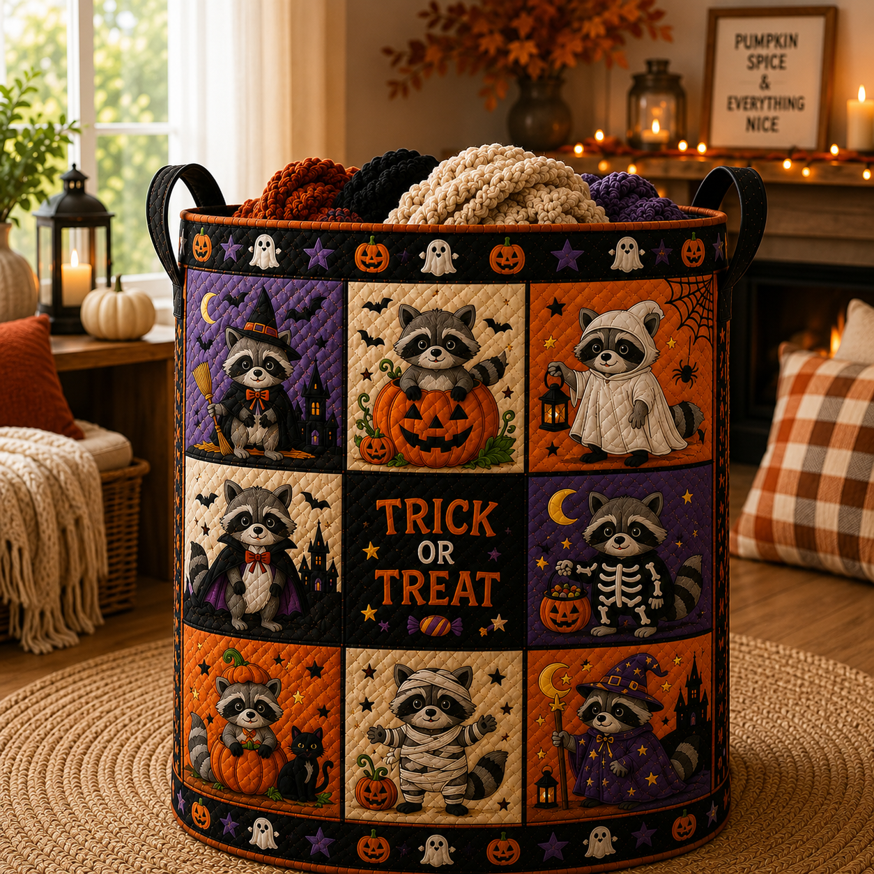 Halloween Raccoon Quilted Laundry Basket, Trick Or Treat Storage Hamper, Spooky Raccoon Halloween Bin, Cute Fall Decor. HLWLBPETAL10