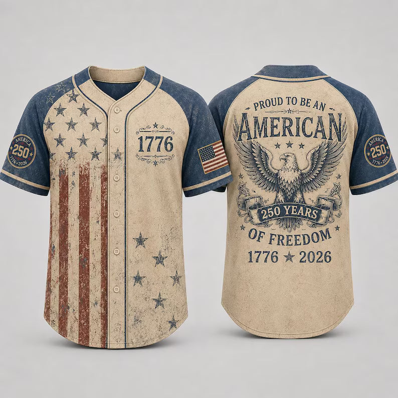 USA 250th Anniversary Baseball Jersey, 1776 Patriotic American Flag Button Shirt, Proud To Be American Freedom Baseball Jersey. BJPETAL05