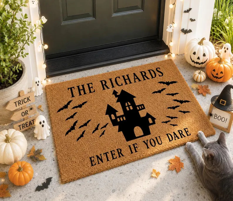 Personalized Halloween Doormat, Custom Family Name Welcome Mat, Spooky Family Home Decor, Fall Housewarming Gift, Trick or Treat Door Mat. DMPETAL7