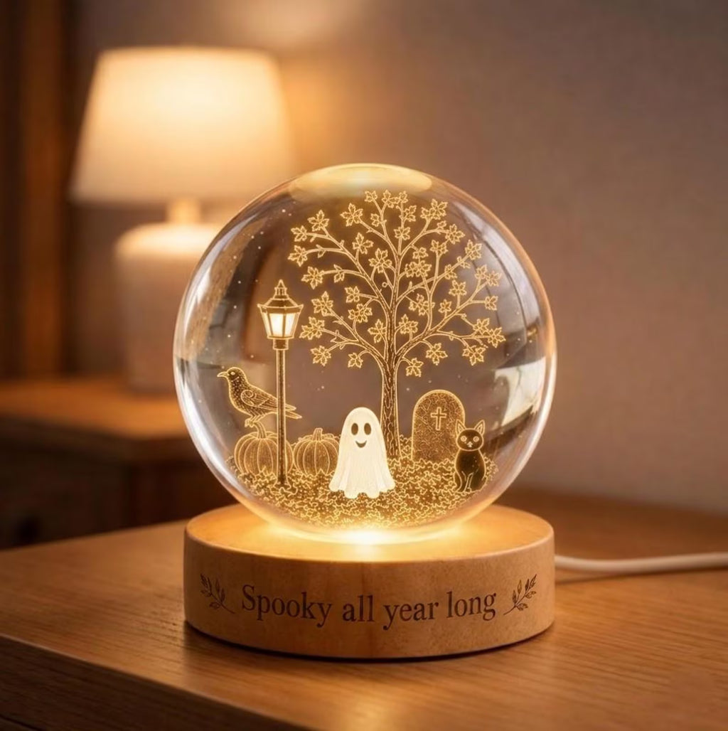 Spooky All Year Long Crystal Ball Lamp, Cute Ghost Night Light, Halloween Decor, Gothic Room Aesthetic, 3D Engraved Glass Sphere. LEDPETAL3