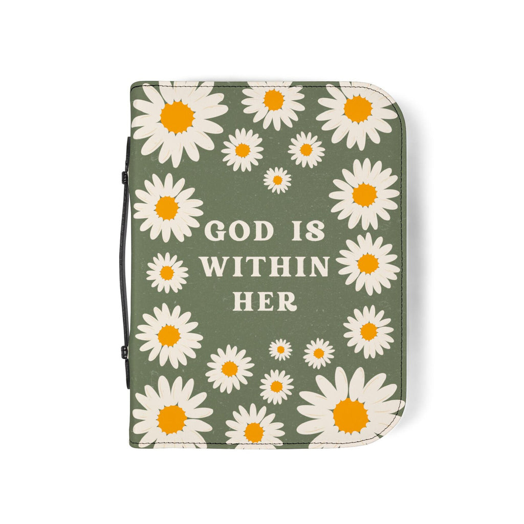 Daisy Bible Cover Case, God Is Within Her Christian Gift, Green Floral Scripture Bag. BCPETAL14