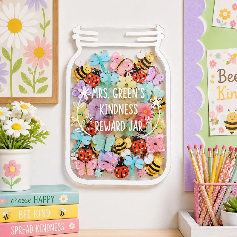 Personalized Kindness Reward Jar, Wooden Garden Theme Classroom Incentive, Custom Insect Token Board for Kids, Back to School Gift. RJPETAL02