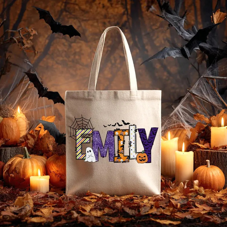 Personalized Halloween Tote Bag, Custom Name Trick or Treat Bag, Cute Ghost Pumpkin Candy Bag, Halloween Party Favor for Kids, Spooky Gift Bag. HLWTBPETAL2