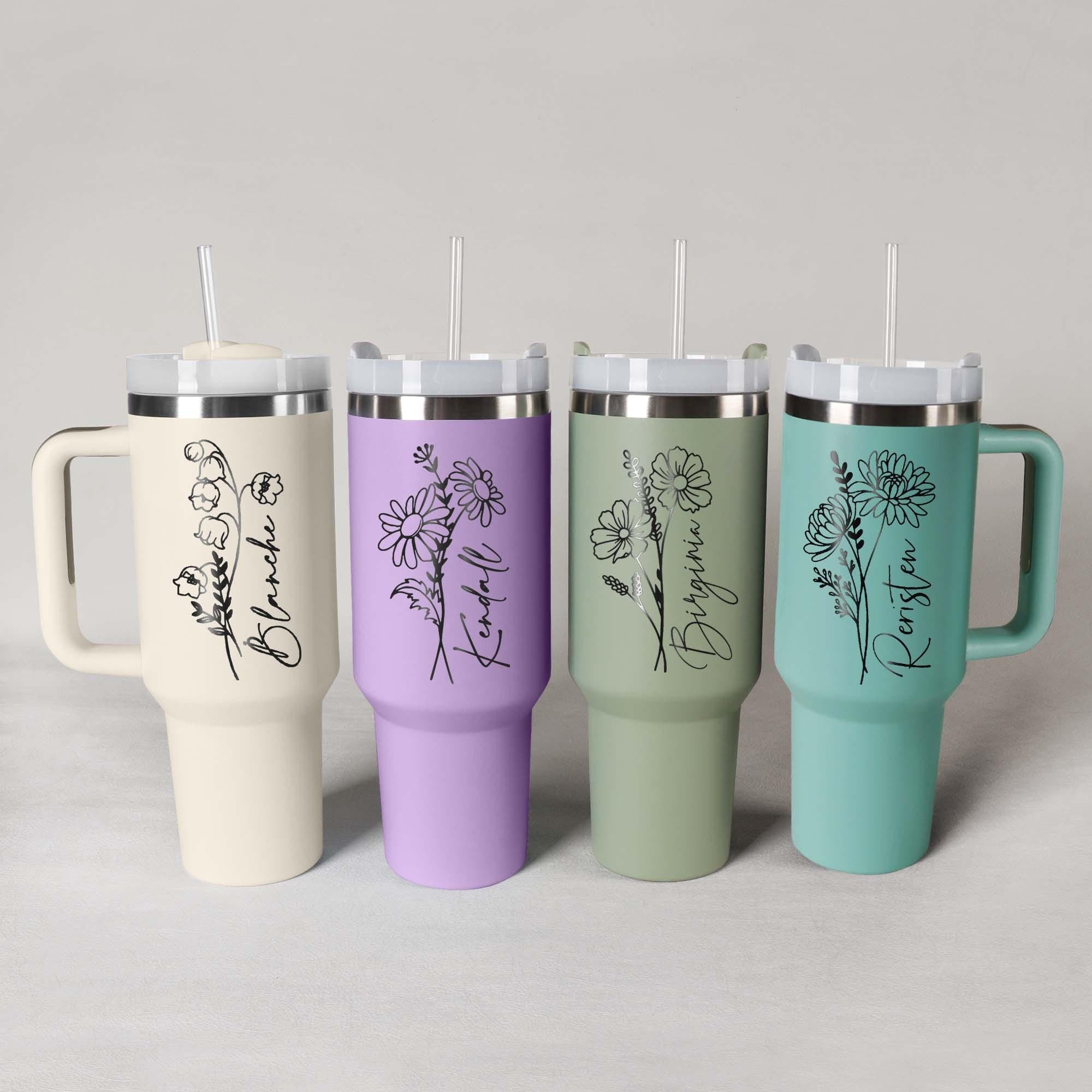 Personalized Birth Flowers 40oz Tumbler With Name, Stainless Steel Tumblers With Straw Handle, Custom Birth Month Flowers Cup, Birthday Gift