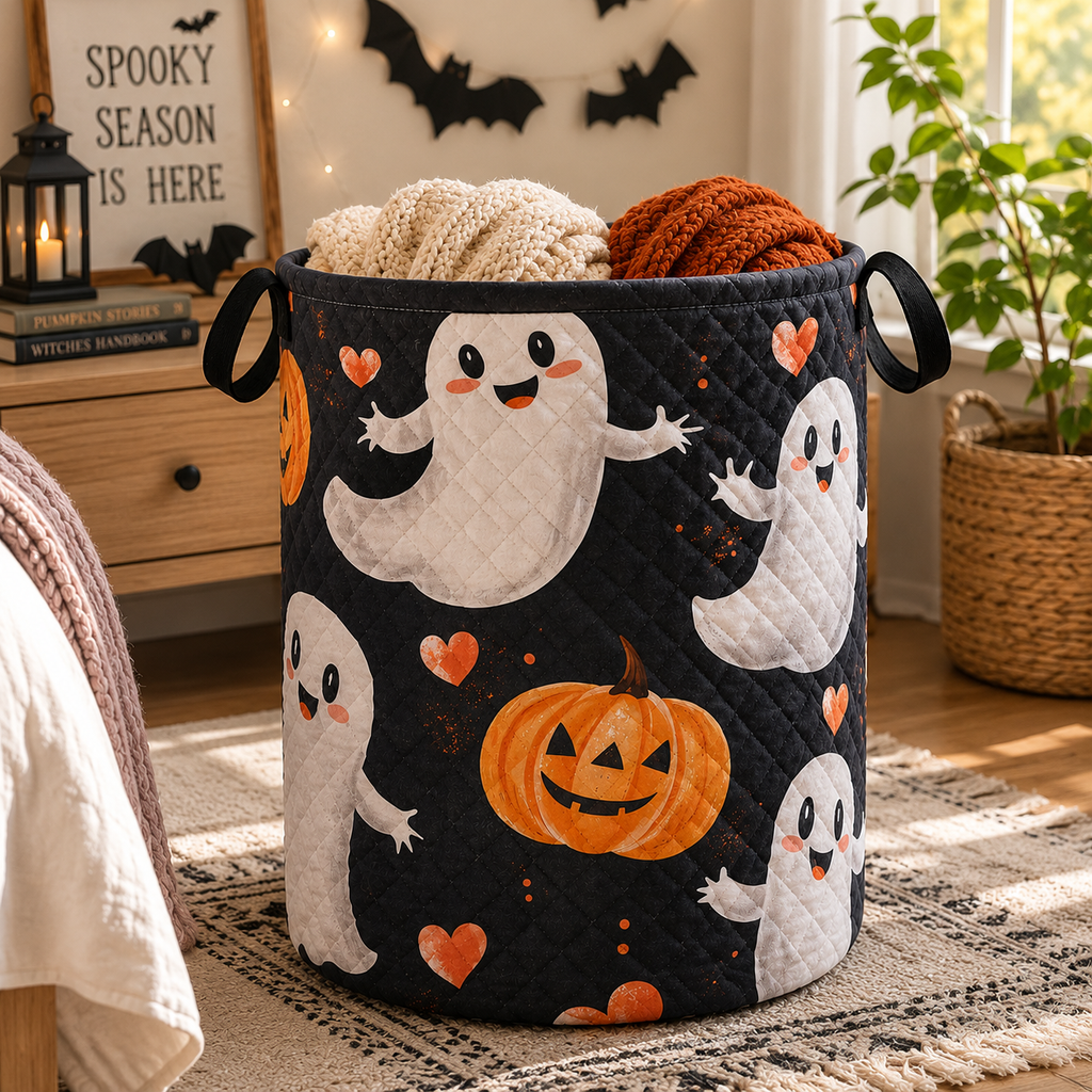 Cute Ghost Quilted Laundry Basket, Halloween Blanket Storage Bin, Spooky Pumpkin Laundry Hamper, Large Fabric Basket with Handles, Fall Home Decor. HLWLBPETAL18