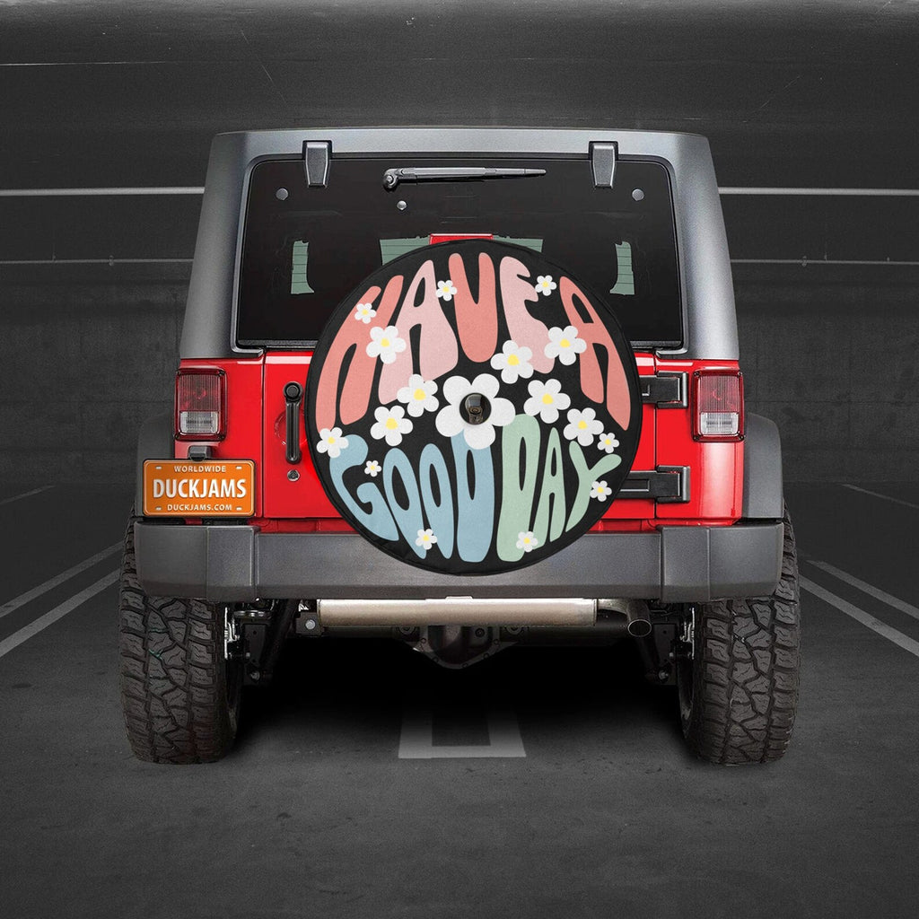 Have a Good Day PVC Leather Spare Tire Cover, Daisy Flower Jeep Tire Cover, Retro Floral Car Accessories, Cute Off Road Vehicle Gift. TCPETAL5