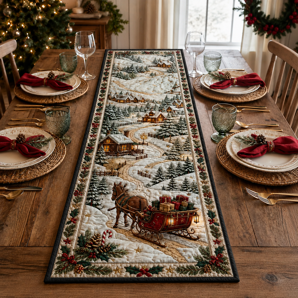 Quilted Winter Village Table Runner, Rustic Christmas Sleigh Dining Decor. QTRPETAL3