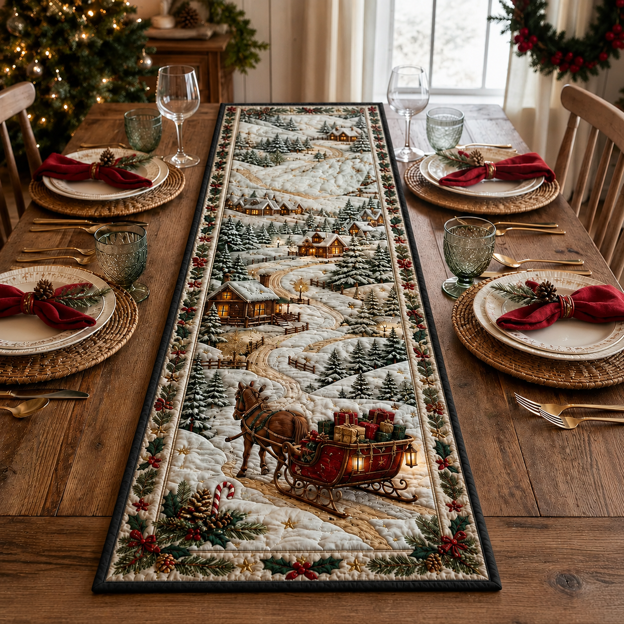 Quilted Winter Village Table Runner, Rustic Christmas Sleigh Dining Decor. QTRPETAL3