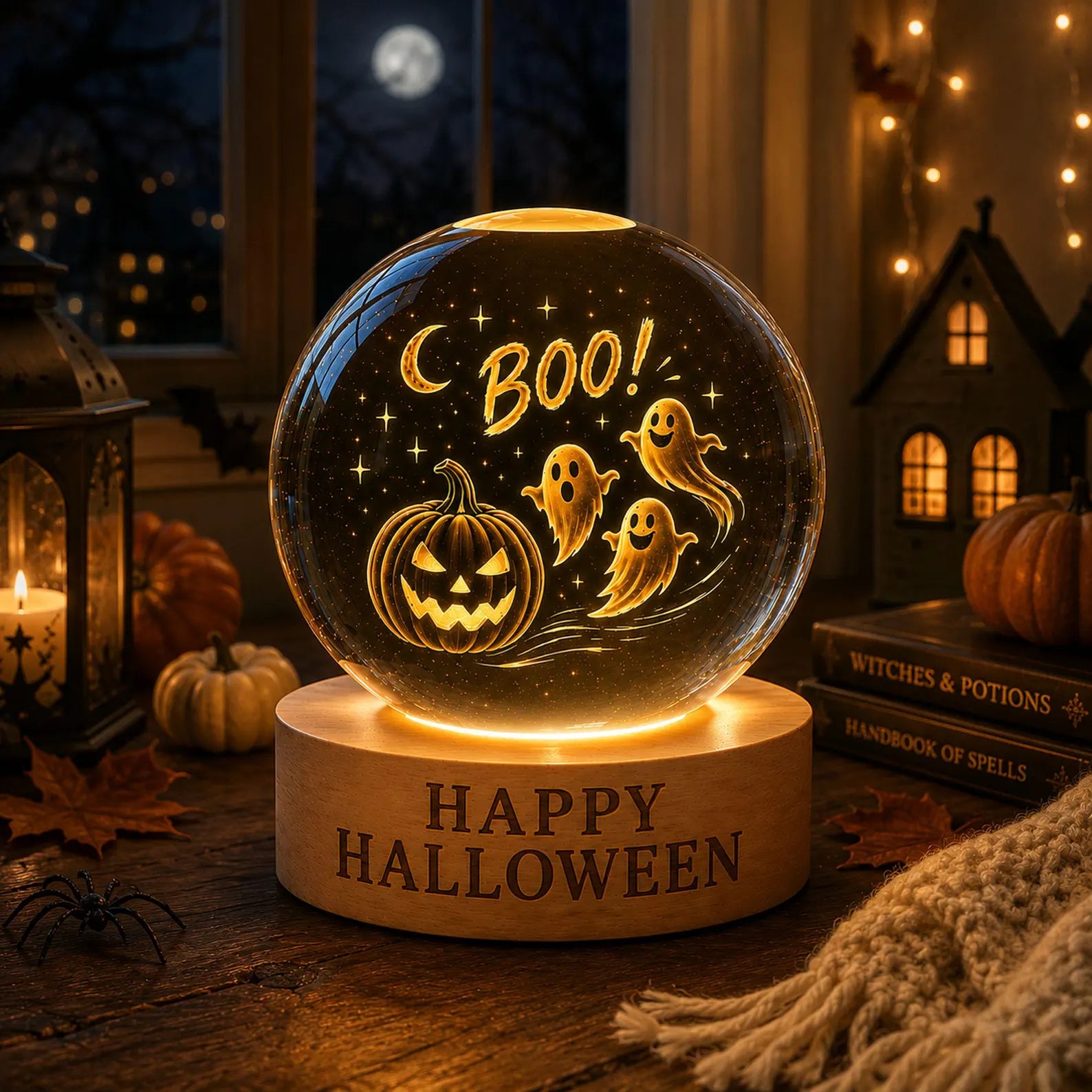 Spooky Ghost Pumpkin Crystal Ball Lamp Halloween Night Light Fall Decor Cute Autumn Gift Haunted Home Accent. LEDPETAL8