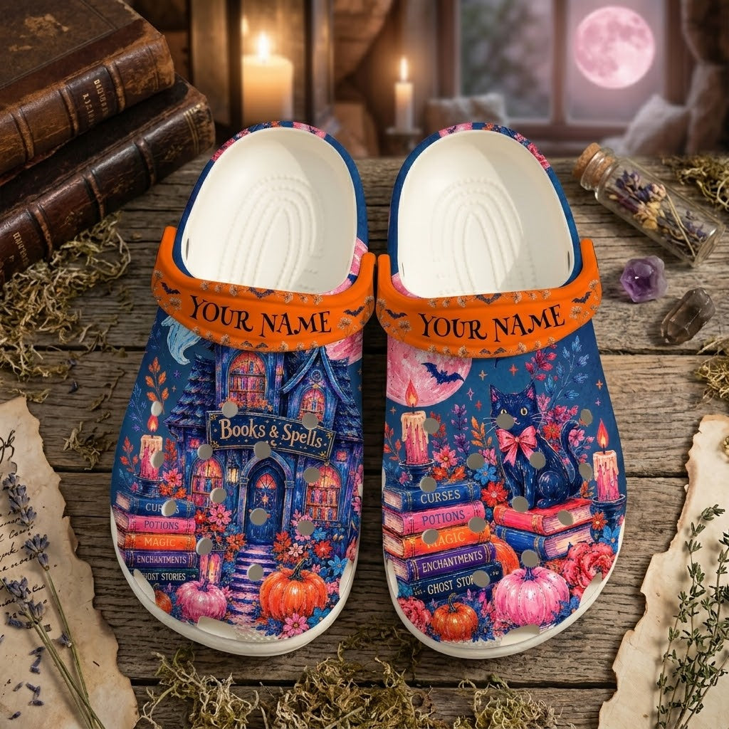 Personalized Halloween Books & Spells Clogs – Witchy Cat Fall Shoes. Happy Halloween Ghost Pumpkin. CLPETAL03