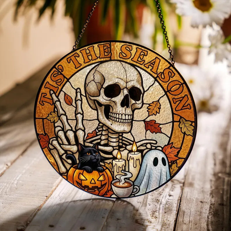 Tis The Season Stained Glass Suncatcher, Cute Skeleton Halloween Window Hanging Decor, Cozy Autumn Ghost Pumpkin Ornament,Spooky Season Gift. HSPETAL5
