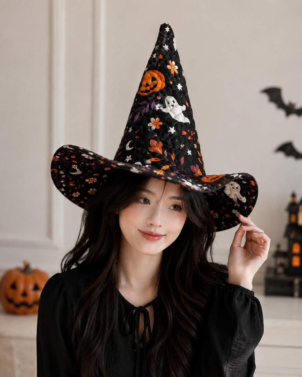 Halloween Quilted Witch Hat for Women – Black Ghost Pumpkin Witch Costume Hat with Soft Padded Quilted Design. QWHPETAL2