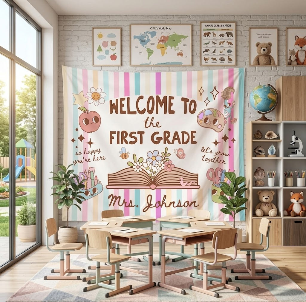 Custom First Grade Classroom Poster or Banner, Retro Classroom Decor, Elementary Teacher Pastel Wall Art, Back to School. CBPETAL11