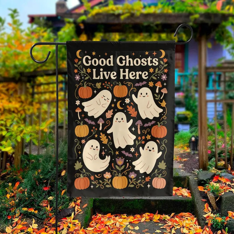 Outdoor Halloween Decorations, Garden Flag Made In Usa, Cute Ghost Pumpkin Decor, Halloween Decoration, Front Porch Decor, Housewarming Gift. HLWGFPETAL15