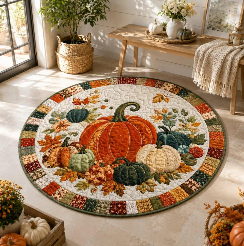 Pumpkin Fall Round Rug, Autumn Quilted Floor Decor, Harvest Area Rug, Thanksgiving Home Decor, Country Pumpkin Rug, Cozy Seasonal Accent. QRPETAL36