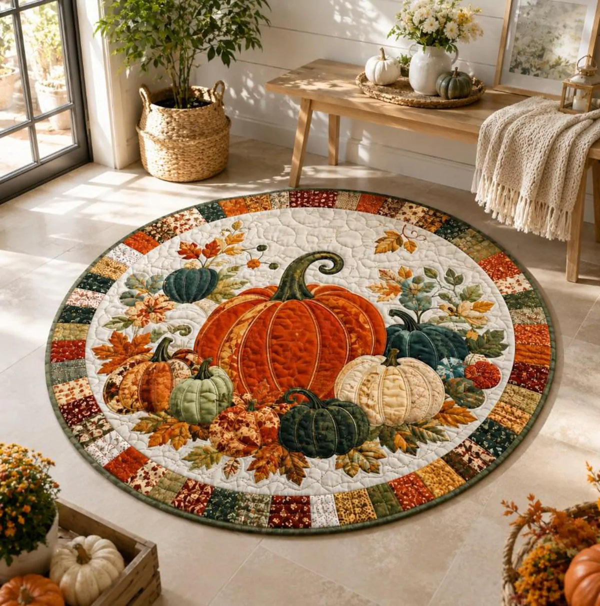 Pumpkin Fall Round Rug, Autumn Quilted Floor Decor, Harvest Area Rug, Thanksgiving Home Decor, Country Pumpkin Rug, Cozy Seasonal Accent. QRPETAL36