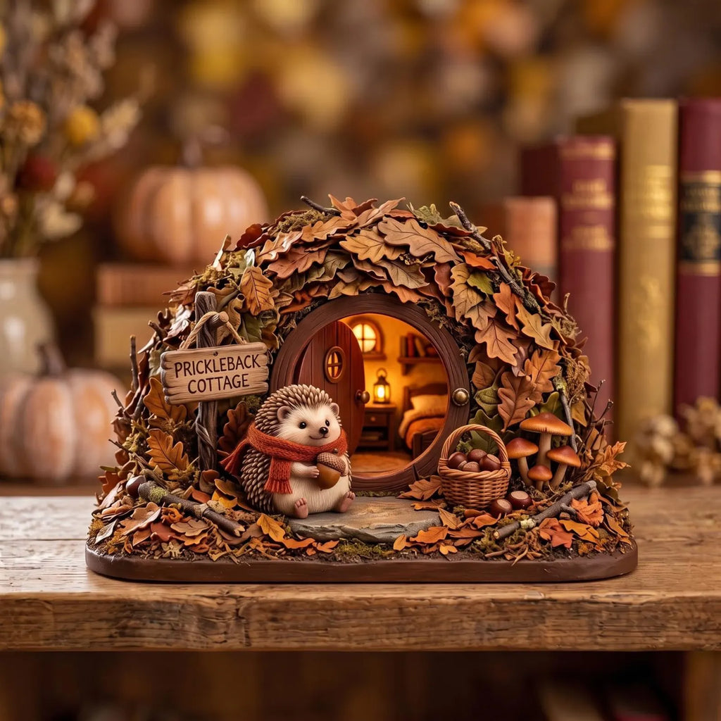 Personalized Hedgehog House 2D FLAT Wooden Block, Autumn Harvest Table Accent, Woodland Fall Shelf Sitter, Housewarming Gifts. WBPETAL2