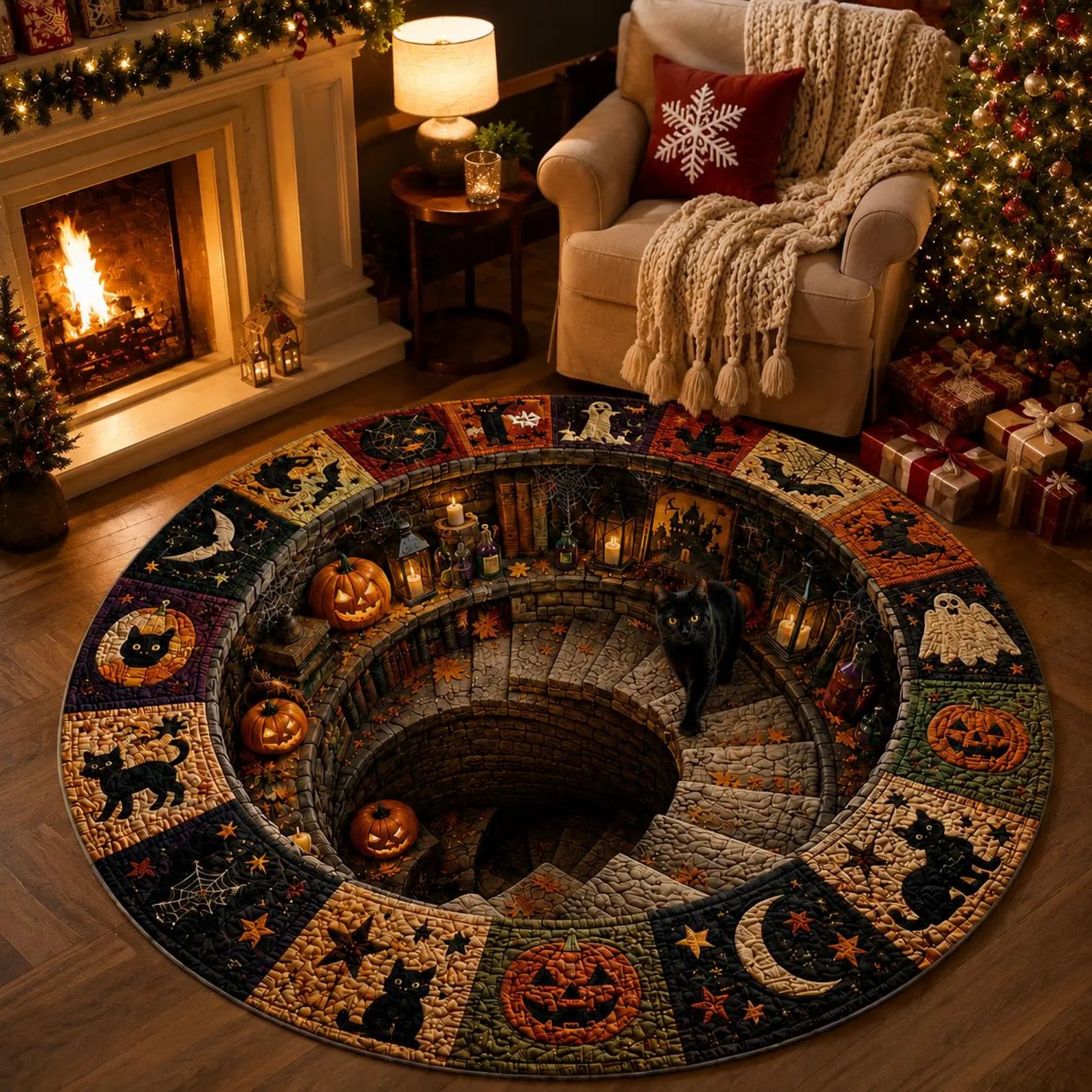 Halloween Black Cat Circle Rug, 3D Vortex Illusion Round Rug, Fall Autumn Leaves Spooky Decor, Witchy Floor Carpet Gift for Halloween. QRPETAL32