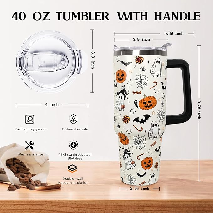 Ceovfoi 40 oz Halloween Pumpkin Tumbler Insulated Stainless Water Bottle Travel Coffee Cup, Water Bottle - Goth Ghost Witch Decor Gift for Women. TBLPETAL13