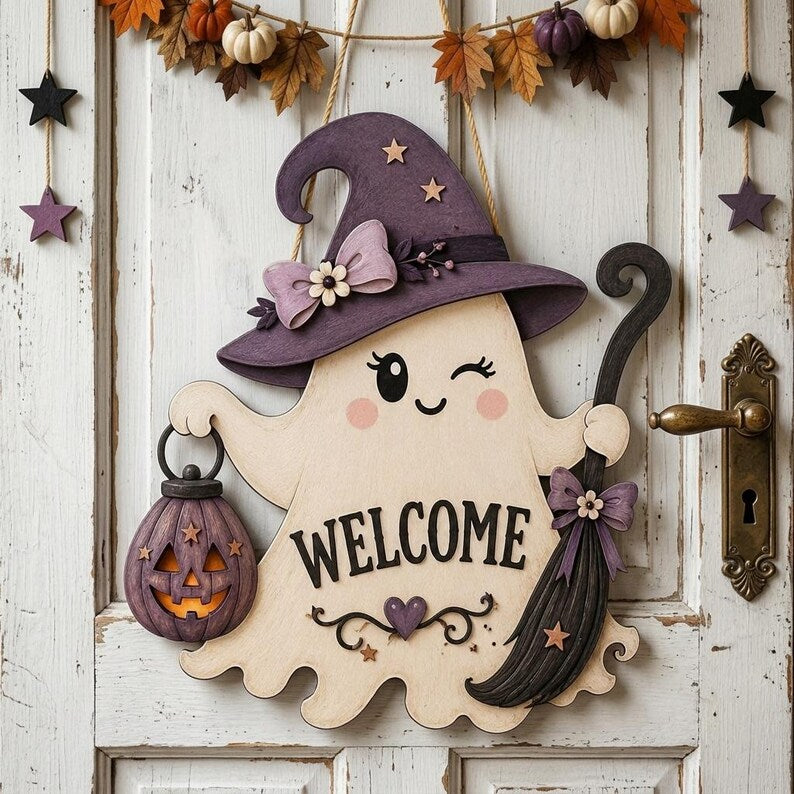 Cute Ghost Welcome Door Hanger, Halloween Wooden Door Sign, Spooky Ghost Decor with Witch Hat, Front Porch Halloween Decoration. HLWDHPETAL15