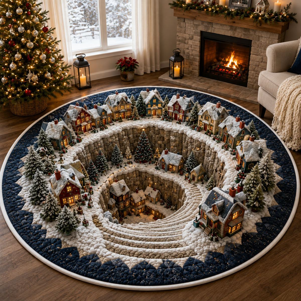 Snow Town Spiral Staircase 3D Round Rug, Christmas Snowy Village Vortex Optical Illusion Floor Mat, Non Slip Xmas Decor, Christmas Gift. QRPETAL06