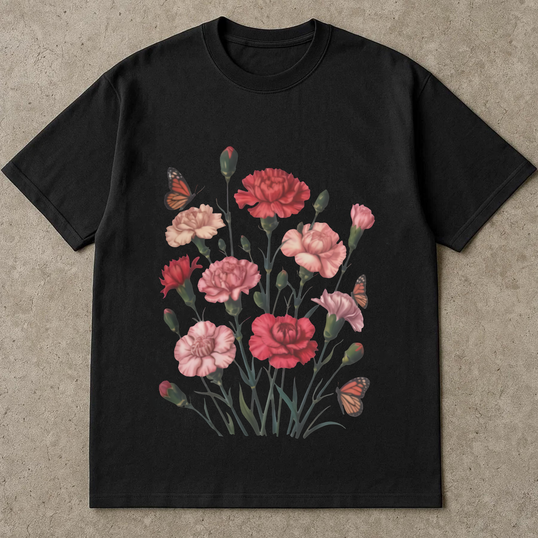 Carnation Flower Shirt, Floral Graphic Tee, Butterfly Carnation T-Shirt, Botanical Flower Lover Gift, Cute Garden Shirt