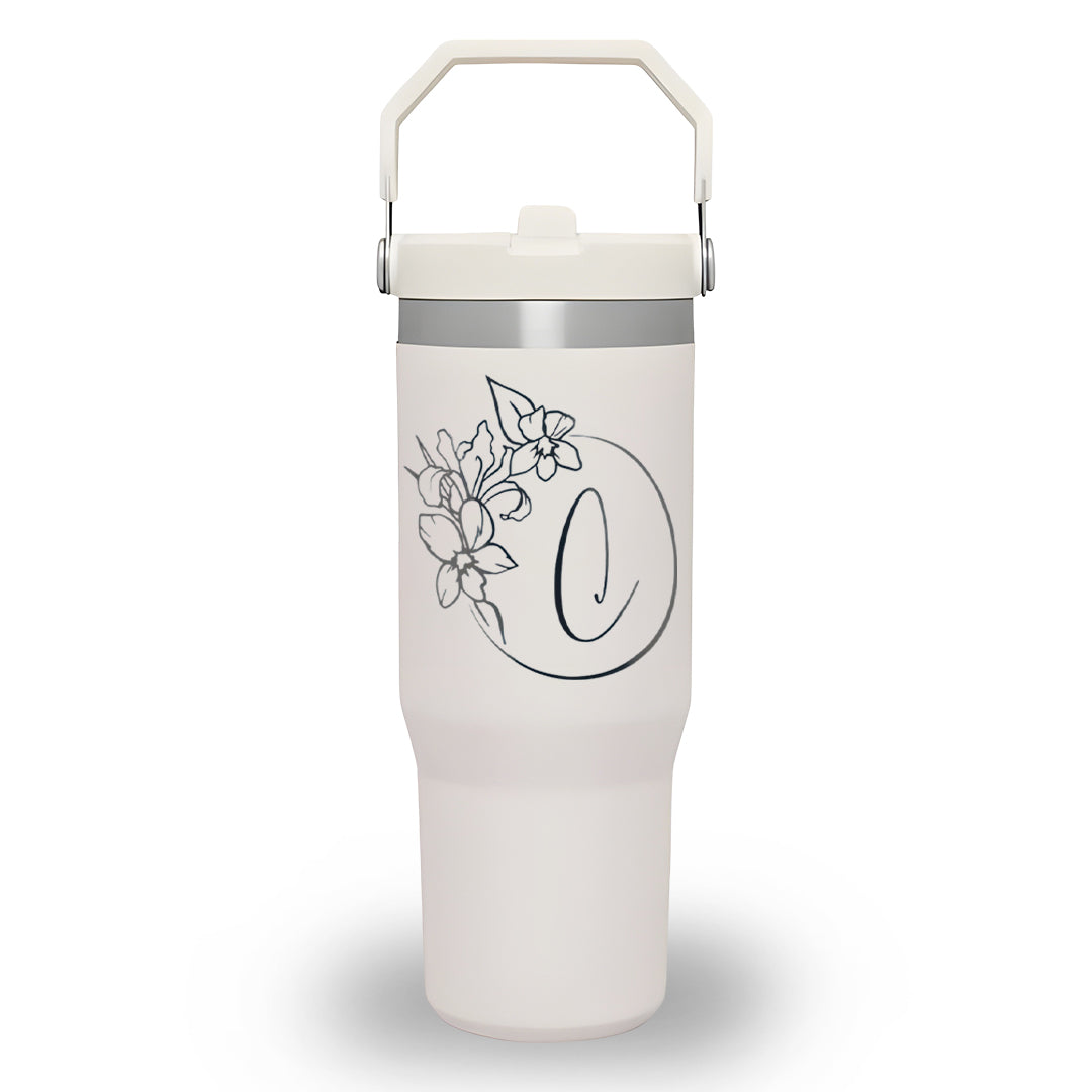 Personalized Birth Flower Flip Straw Tumbler with Handle, Custom Initial or Title 40oz Cup, Monthly Bloom Engraved Mug, Unique Gift for Her
