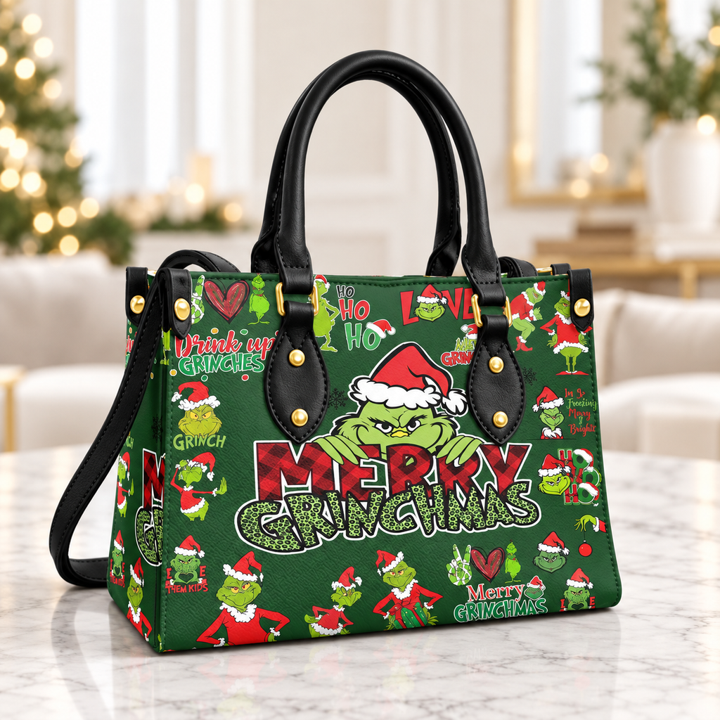 Personalized Merry Grinch Christmas Leather Handbag, Grinch Christmas Leather Tote Bag, Grinch Wallet, Christmas Bag Gift GBAG02