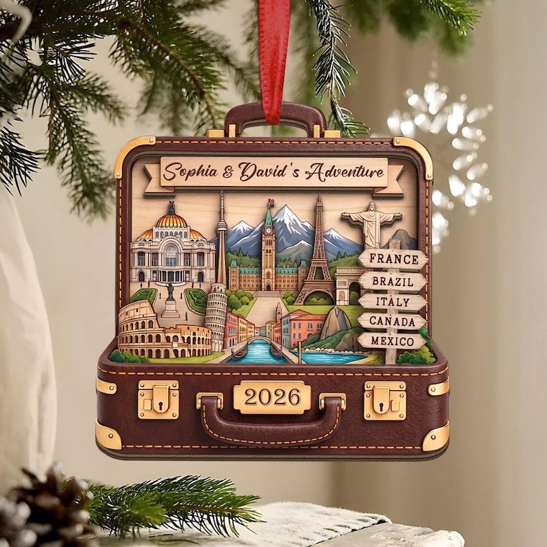 Personalized Travel Adventure 2 Layer Wooden Ornament, Destination Keepsake Gift, Traveler Gift, Couples Adventure Gift, Suitcase Ornament WOODOR02
