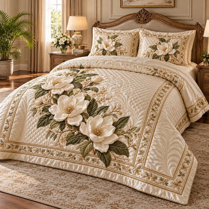 White Magnolia Floral Quilted Bedding Set, Floral Holiday Bedspread with Pillowcases, Festive Winter Bedroom Decor, Bedding Decor PTBED02