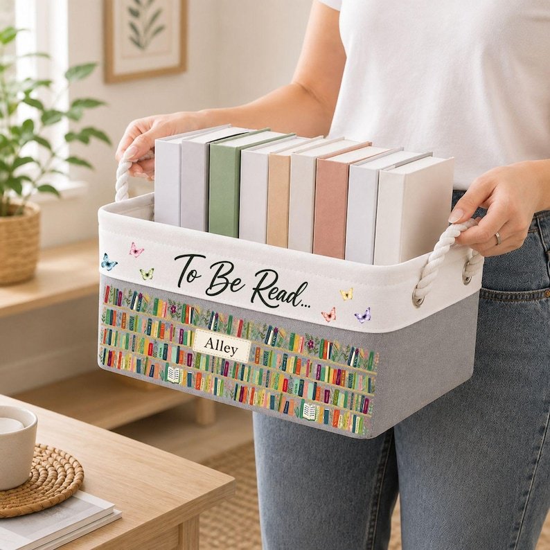 Personalized Book Storage Basket,  Sage Green Fabric Organizer with Woodland Animals and Rope Handles BBPETAL11