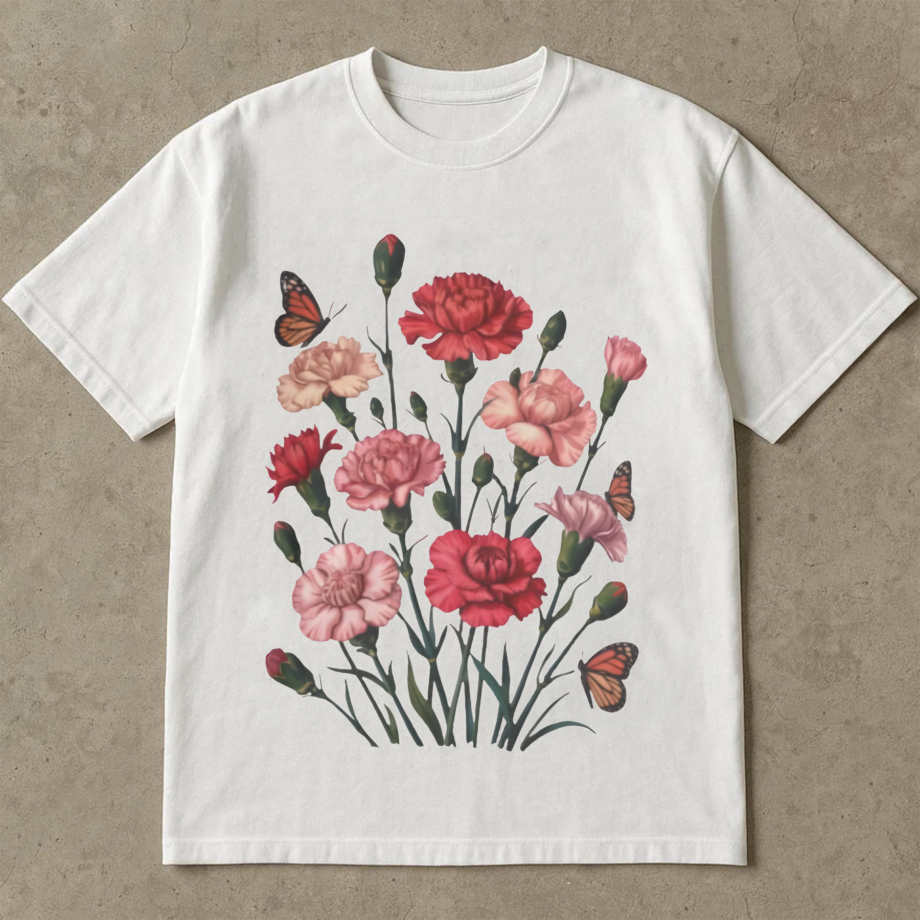 Carnation Flower Shirt, Floral Graphic Tee, Butterfly Carnation T-Shirt, Botanical Flower Lover Gift, Cute Garden Shirt