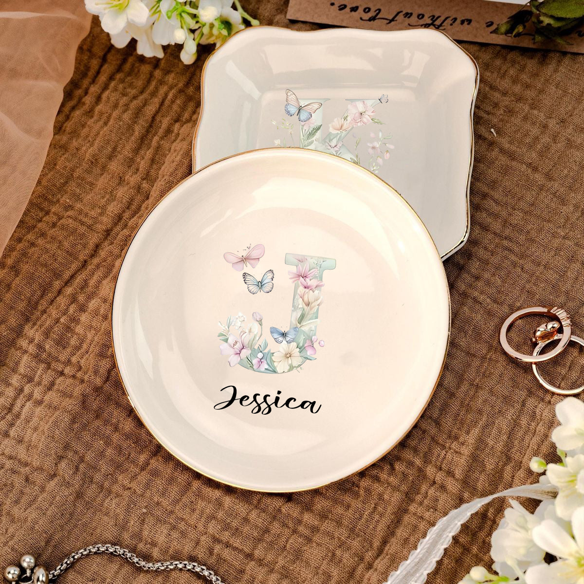 Personalized Ceramic Jewelry Dish, Custom Name Flower Alphabet Ring Dish, Trinket Plate, Bridesmaid Gift, Wedding Gift for Her