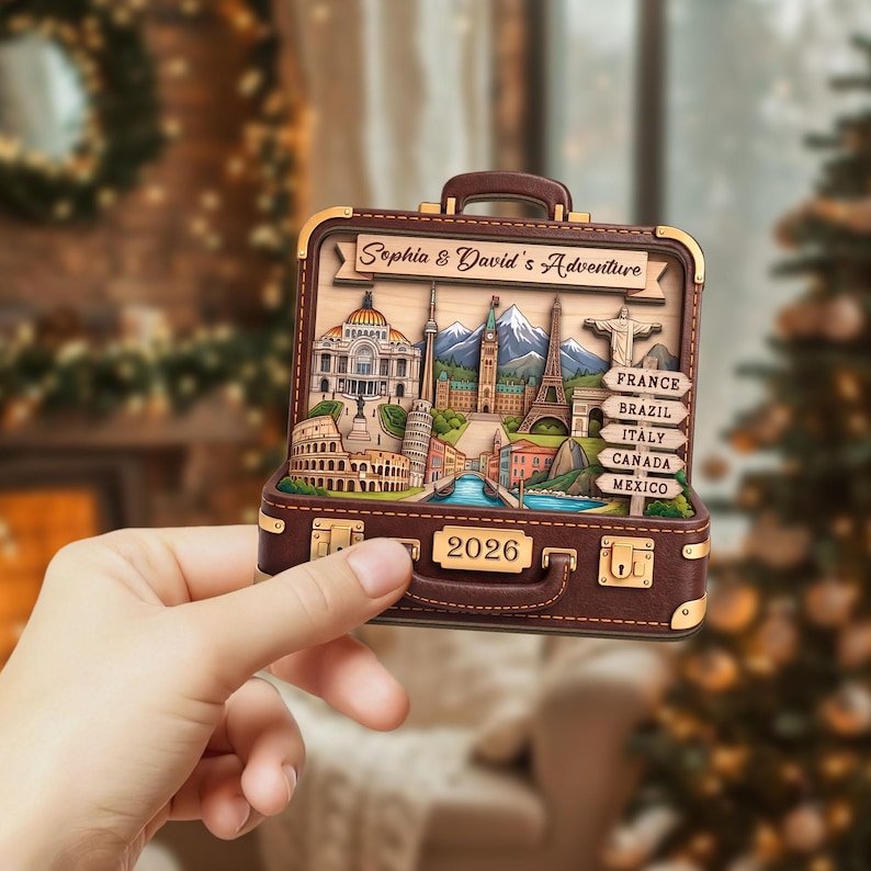 Personalized Travel Adventure 2 Layer Wooden Ornament, Destination Keepsake Gift, Traveler Gift, Couples Adventure Gift, Suitcase Ornament WOODOR02